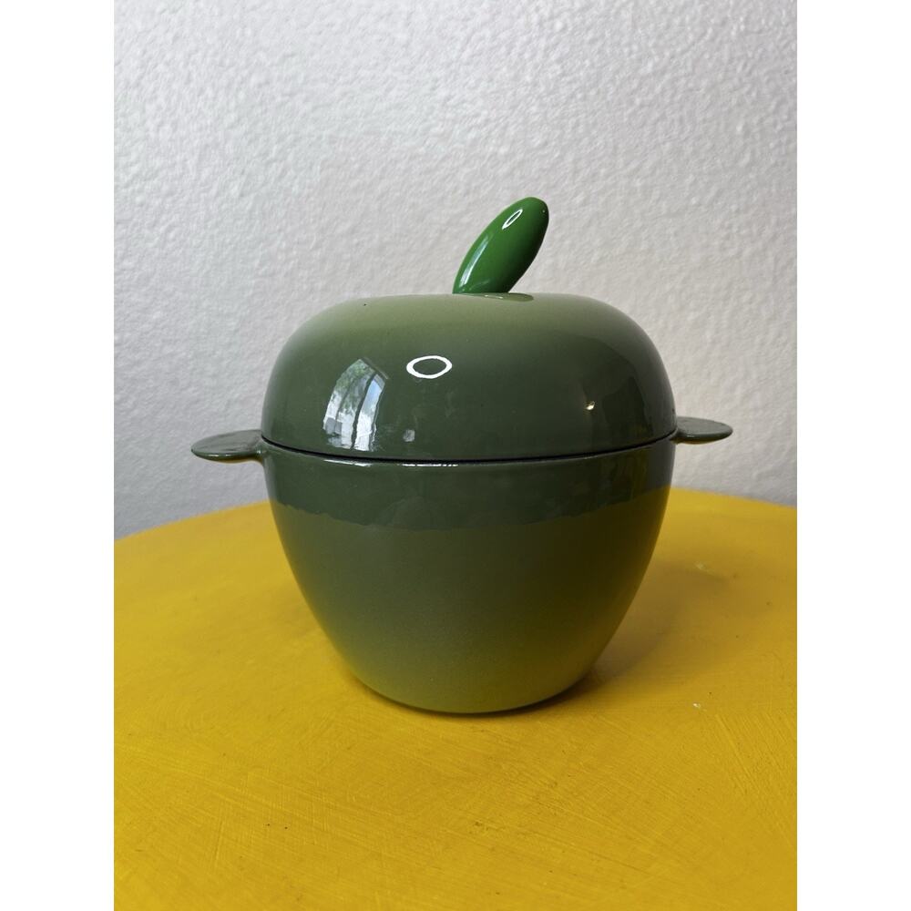 Vintage ILSA Cast Iron Enamel Green Apple Small Dutch Oven Fall Baking Flawed